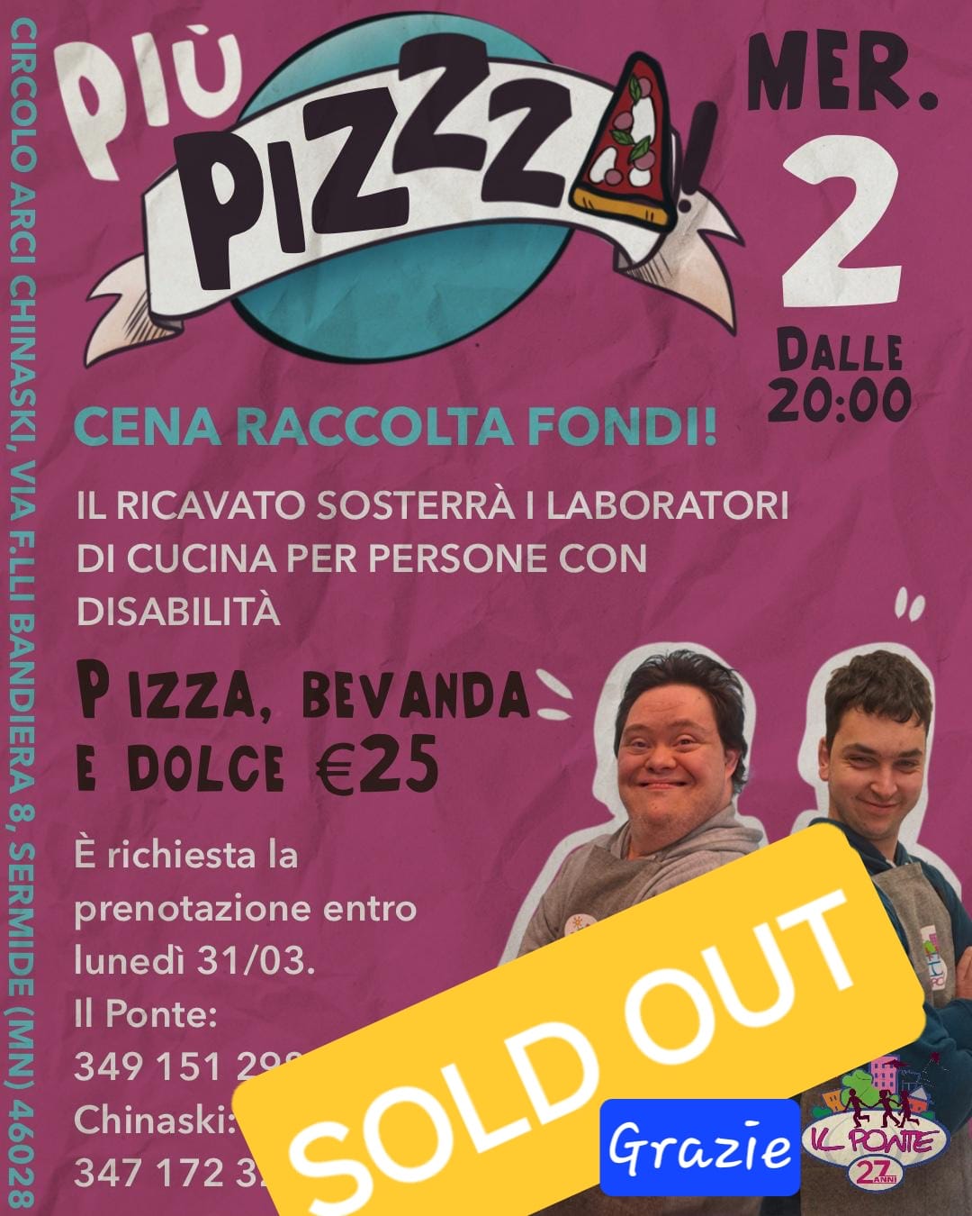 Più PizZza, una serata per raccogliere fondi per fare laboratori di cucina